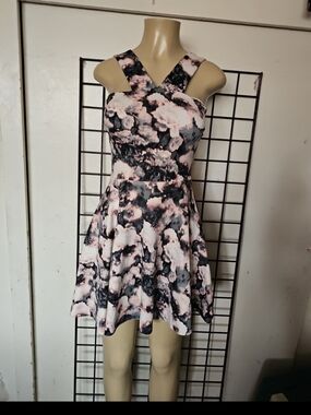 Necessary Objects Pink and Black Floral Cross-Strap Fit & Flare Mini Dress